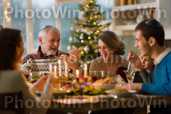 משפחה רב דורית שוברת לחם יחד במהלך חג, ממדינת ישראל. חיוך, נר, שַׂמֵחַ