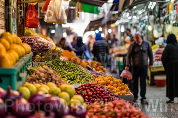 שוק ירושלמי שוקק חיים, מלא בצבעים וניחוחות של המטבח המזרח תיכוני, ממדינת ישראל. מוכר, ירוק, מזון מלא