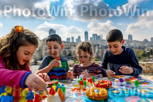 ילדים משחקים בסביבון בחגיגות חנוכה, סביבון בשמחה, ממדינת ישראל. שָׁמַיִם, חיוך, שיתוף