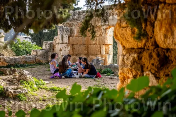 קבוצת חברים נהנית מפיקניק בין חורבות עתיקות, יופי טבע שזור בהיסטוריה, ממדינת ישראל. עֵץ, צִמחִיָה, אנשים בטבע