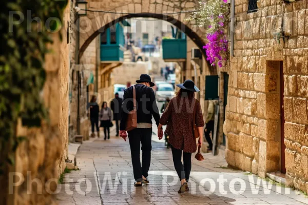 זוגות מטיילים יד ביד ברחובותיה הקסומים של יפו, ממדינת ישראל. תַשׁתִית, פני הכביש, ארכיטקטורה