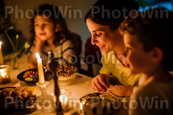 משפחה התאספה סביב שולחן השבת, שרויה בחמימות של אור נרות ממדינת ישראל. נר, חיוך, תְאוּרָה