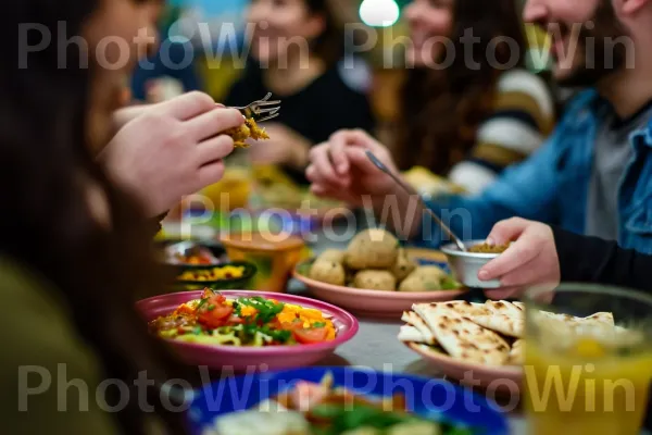 קבוצת חברים נהנית מארוחה ישראלית מסורתית, מתענגת על כל ביס, ממדינת ישראל. כלי שולחן, שולחן, צהוב