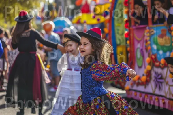 ילדים לובשים תחפושות מסורתיות בזמן חגיגת פורים במצעדים תוססים, ממדינת ישראל. לִרְקוֹד, אמנויות במה, שַׂמֵחַ