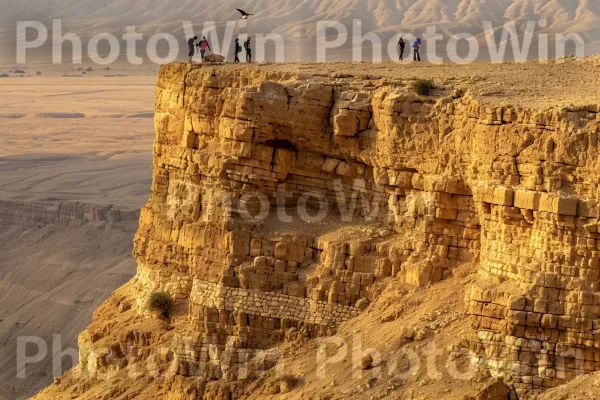 קבוצת מטיילים חוקרת את חורבותיה העתיקות של מצדה, ספוגות היסטוריה, ממדינת ישראל. סלע יסוד, פְּנֵי הַשֵׁטַח, היווצרות