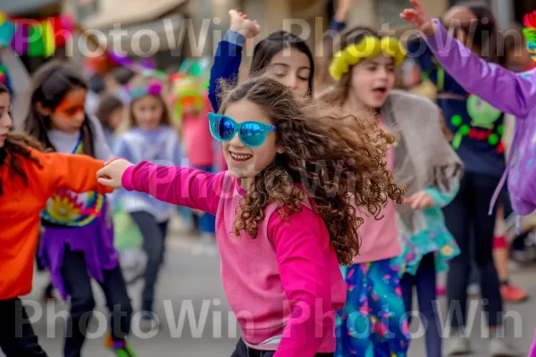 ילדי בית ספר רוקדים בשמחה במהלך חגיגת פורים תוססת, ממדינת ישראל. ירוק, שַׂמֵחַ, וָרוֹד