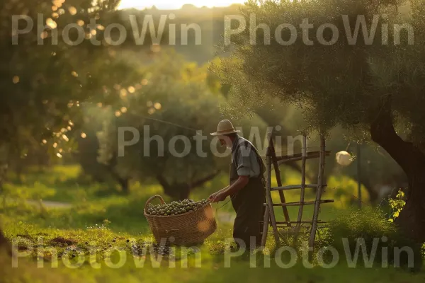 חקלאי מסיק זיתים בשלים מהמטע העתיק שלו, סמל לאדמת ישראל הפוריה, ממדינת ישראל. צמח, נוף טבעי, כובע