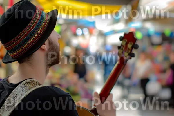 נגן רחוב משעשע את העוברים והשבים במוזיקה מסורתית ממדינת ישראל. כלי מיתר, אביזר גיטרה, צהוב