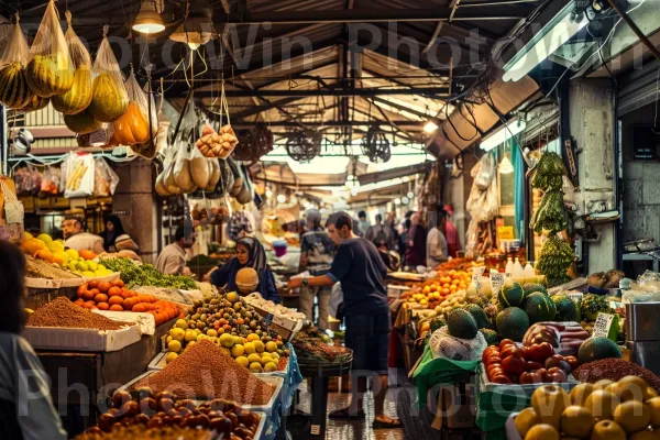 שוק ירושלמי שוקק חיים, צבעים מרהיבים ותבלינים ריחניים, ממדינת ישראל. מזון, מזונות טבעיים, יַרקָן