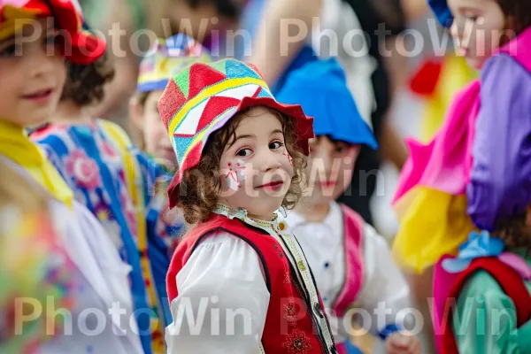 ילדים לובשים תחפושות מסורתיות בזמן חגיגת פורים במצעדים תוססים, ממדינת ישראל. כובע, בידור, כֵּיף