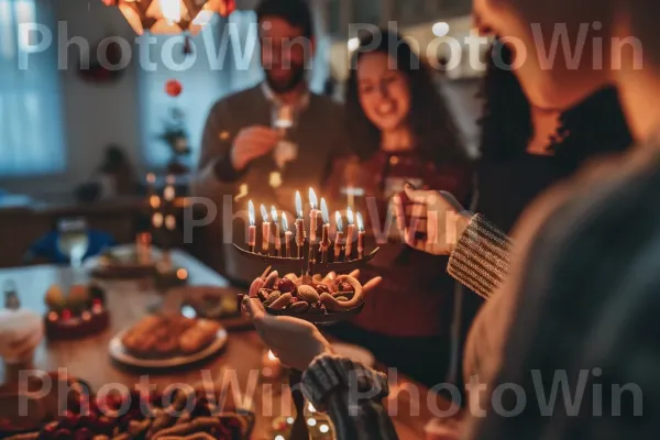 חברים מתאספים להדלקת נרות חנוכה והחלפת מתנות ממדינת ישראל. מזון, קישוט עוגה, נר יום הולדת