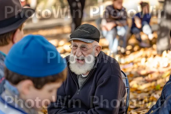 גברים מבוגרים עסקו בוויכוחים מונפשים בפארק מקומי, משמרים וחולקים חוכמה ממדינת ישראל. בן אנוש, כובע בייסבול, קָהָל