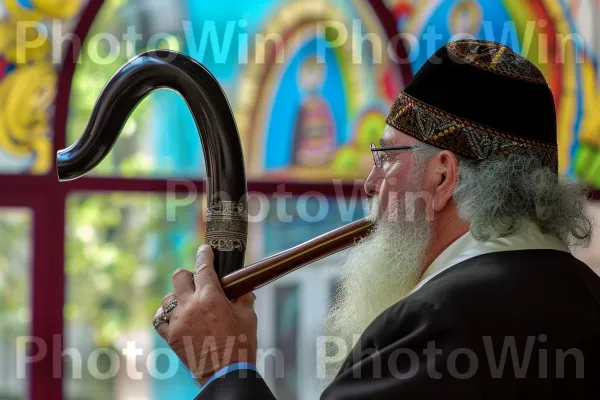 רב תוקע בשופר במהלך טקס ראש השנה, קורא להרהור ממדינת ישראל. כלי נגינה, כובע, פדורה