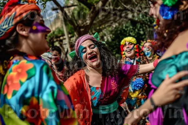 חברים חוגגים פורים, לבושים בתחפושות משוכללות, רוקדים ושרים ממדינת ישראל. חיוך, שַׂמֵחַ, אמנויות במה