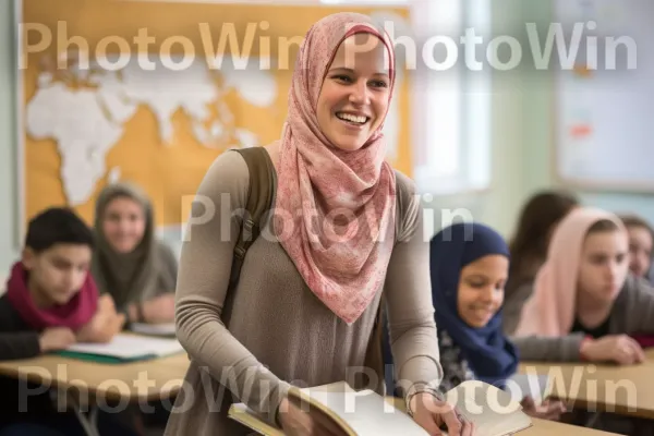 אישה חכמה והישגית בת ארבעים חולקת את הידע שלה באמצעות הוראה. חיוך, שולחן, כִּסֵא