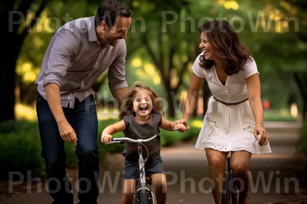 הורים אוהבים מלמדים ילד לרכוב על אופניים. חיוך, צמח, שַׂמֵחַ