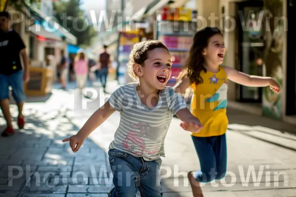 ילדים משחקים בשמחה ברחובות תל אביב שטופי השמש, ממדינת ישראל. גִ\'ינס, רגל, מחווה