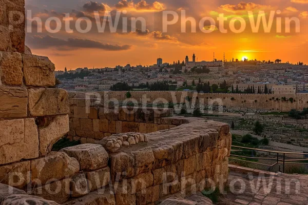 שקיעה שלווה מעל חומות ירושלים העתיקה, לוכדת שלווה רוחנית, ממדינת ישראל. טֶבַע, ארכיטקטורה, אַפְלוּלִית