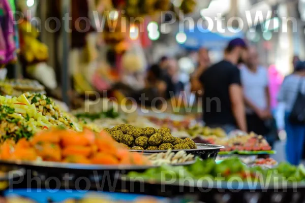 שוק רחוב שוקק חיים, ניחוחות פלאפל ותבלינים נישאים ממדינת ישראל. מזון, פרי, יַרקָן