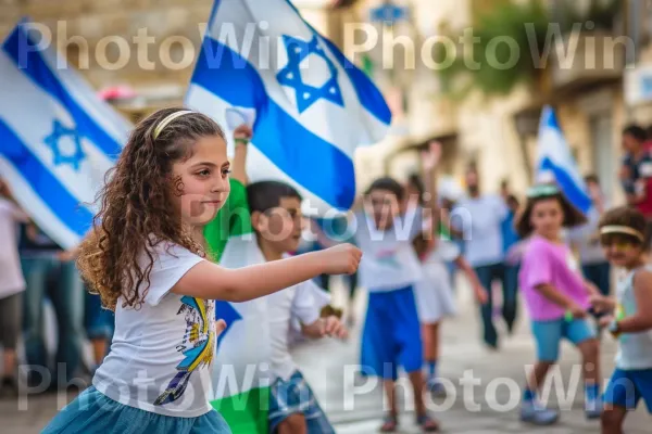 ילדים רוקדים ברחובות עם דגלי ישראל, מגלמים גאווה לאומית, ממדינת ישראל. שְׁעוֹת הַיוֹם, בן אנוש, דֶגֶל