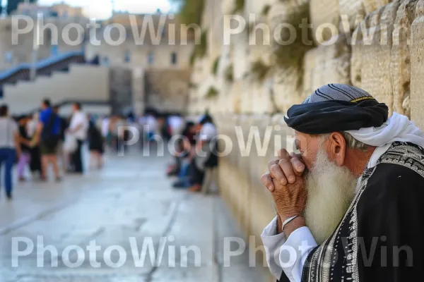 קשיש מתפלל בכותל, אבוד בהשתקפות עמוקה ממדינת ישראל. טיול, התיישבות אנושית, רְחוֹב