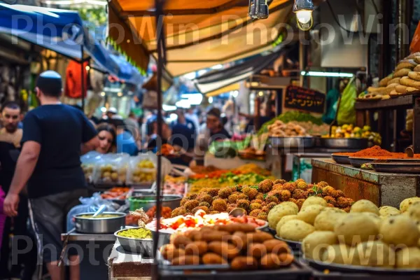 רוכלי רחוב מוכרים פלאפל וחומוס טרי בלב שוק הכרמל ממדינת ישראל. מזון, צמח, יַרקָן