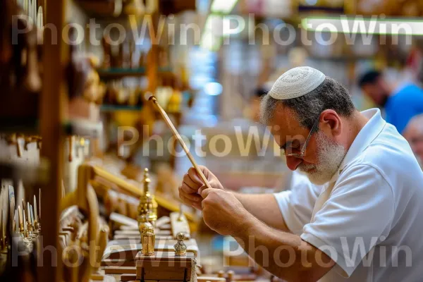 אומנים מיומנים העושים מזוזות יפות ופריטי טקס יהודיים, ממדינת ישראל. הַנדָסָה, מוּסִיקָה, מוכר