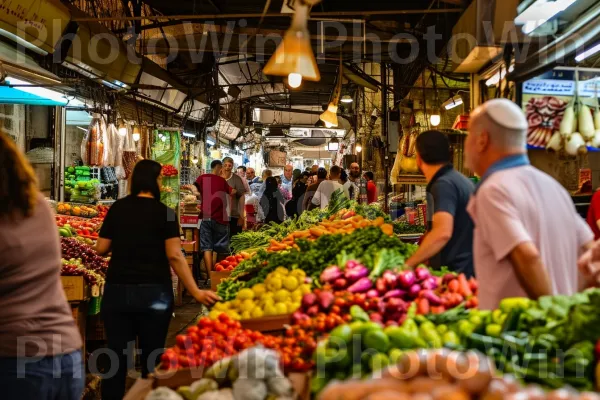 שוק תוסס שוקק תוצרת טרייה ושיחות ערות ממדינת ישראל. מזון, רוֹכֵל, מזון מלא