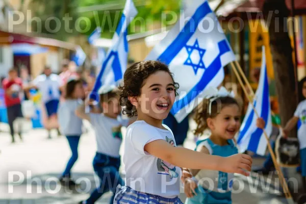 ילדים רוקדים ברחובות עם דגלי ישראל, מגלמים גאווה לאומית, ממדינת ישראל. כְּחוֹל, פְּנַאִי, דֶגֶל