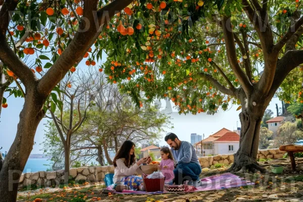 משפחה נהנית מפיקניק מתחת לעצי תפוז פורחים ביפו ממדינת ישראל. עֵץ, בּוֹטָנִיקָה, כתום