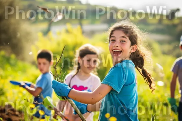 ילדים נוטעים עצים ומטפחים את הטבע, מגשימים את ערך תיקון עולם, ממדינת ישראל. חיוך, הבעת פנים, צמח