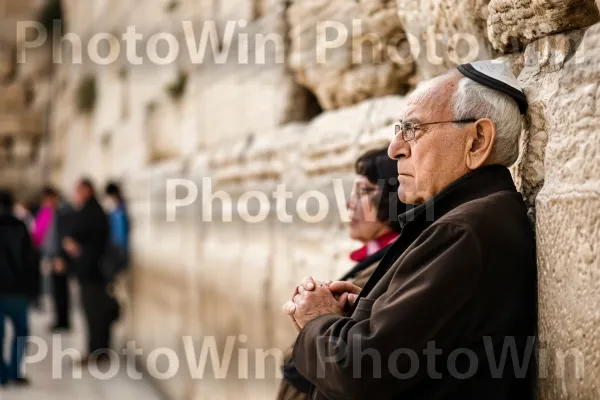 זוג מבוגרים מתפללים בכותל מוצאים נחמה באמונתם, ממדינת ישראל. משקפיים, בית המקדש, טיול