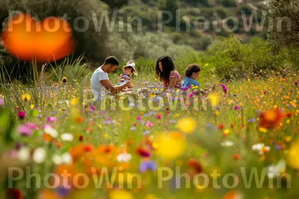 משפחות בפיקניק בשדה פורח של פרחי בר, מוקירים את יופי הטבע ממדינת ישראל. פֶּרַח, צמח, נוף טבעי