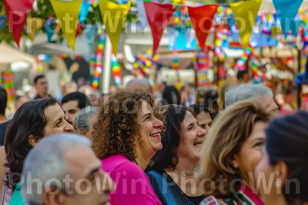 פרצופים מחייכים ביריד רחוב תוסס החוגג את המורשת היהודית, ממדינת ישראל. חיוך, שְׁעוֹת הַיוֹם, ירוק