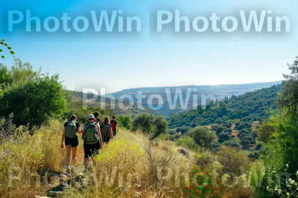 קבוצת חברים מטיילת בנופי הגליל השלווים ממדינת ישראל. שָׁמַיִם, אנשים בטבע, עֵץ