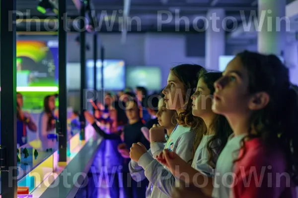 סטודנטים משתתפים בהתרגשות בתערוכת מדע אינטראקטיבית, ממדינת ישראל. פְּנַאִי, שַׂמֵחַ, נוֹפֶשׁ