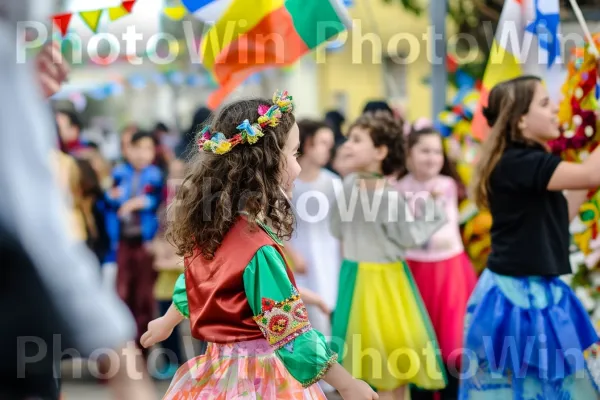 מסיבת רחוב תוססת חוגגת פורים, עם תלבושות ומוזיקה תוססות, ממדינת ישראל. בן אנוש, שַׂמֵחַ, צהוב