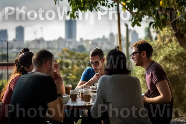 קבוצות חברים נהנים משיחות ערות על כוסות קפה ארומטיות, ממדינת ישראל. שְׁעוֹת הַיוֹם, משקפיים, טיפול חזון