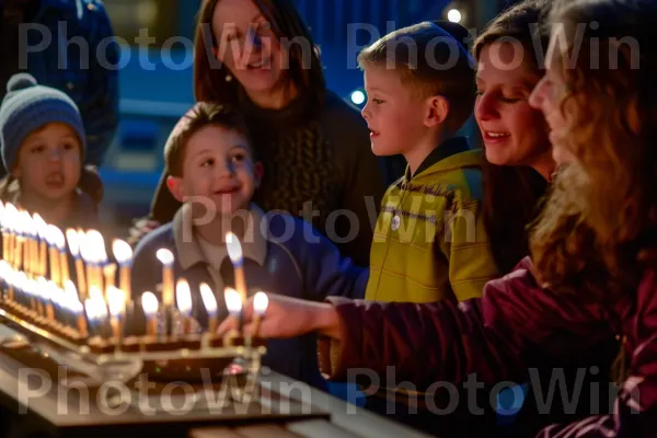 משפחות חוגגות בשמחה את חג החנוכה השנתי, מדליקות יחד חנוכיות ממדינת ישראל. חיוך, פָּנִים, שיתוף