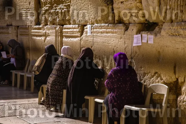 קבוצת נשים טובלות בתפילה עמוקה בכותל ממדינת ישראל. כִּסֵא, גוונים וגוונים, אירוע