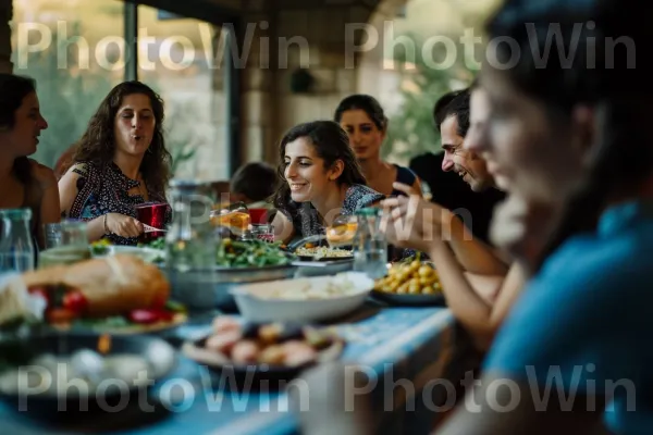 קבוצת חברים נהנית מארוחת בוקר ישראלית מסורתית של לחם טרי ומעדני תרבות, ממדינת ישראל. צַלַחַת, שַׂמֵחַ, פְּנַאִי