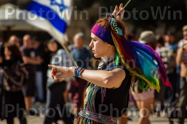 שחקנית רחוב שובת לב המשעשעת קהל מרותק בקסמים ממדינת ישראל. בידור, דֶגֶל, אירוע