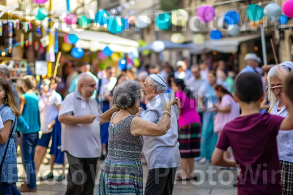 זקנים וצעירים רוקדים את ההורה במהלך חגיגת יום העצמאות הישראלי חגיגי ממדינת ישראל. שְׁעוֹת הַיוֹם, תַצלוּם, שַׂמֵחַ