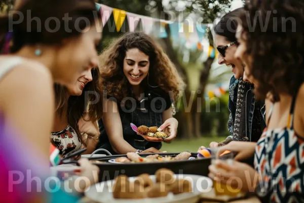 חברים מתאספים לחלוק פלאפל וחומוס טעימים, מתענגים על טעמים מסורתיים, ממדינת ישראל. מזון, פְּנַאִי, כלי שולחן