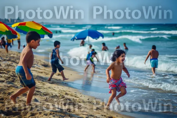 ילדים משחקים בחופים החוליים של תל אביב, צחוקם מהדהד, ממדינת ישראל. מים, מִטְרִיָה, צבע תכלת