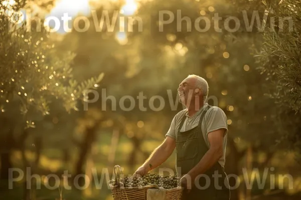 חקלאי גאה מציג את מסיק הזיתים השופע שלו, סמל למסורת ישראלית ממדינת ישראל. אוֹר, צהוב, דֶשֶׁא