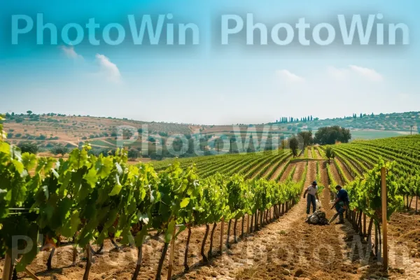 חקלאים מקומיים עובדים בשקדנות בכרמים ציוריים, ממדינת ישראל. שָׁמַיִם, נוף טבעי, עֵץ