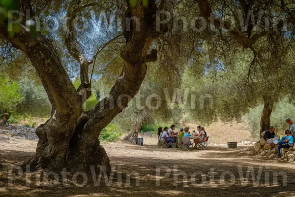 משפחות מתכנסות לפיקניק בצל עצי זית עתיקים, ממדינת ישראל. צֵל, חדק, עץ