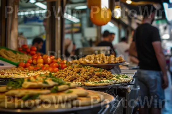 רוכלי רחוב מוכרים פלאפל וחומוס טרי בלב שוק הכרמל ממדינת ישראל. צמח, מַרכִּיב, מוכר