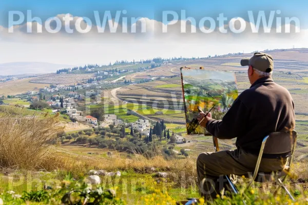 אמן המצייר במיומנות נוף תוסס בהשראת הכפר הישראלי ממדינת ישראל. ענן, צמח, פֶּרַח